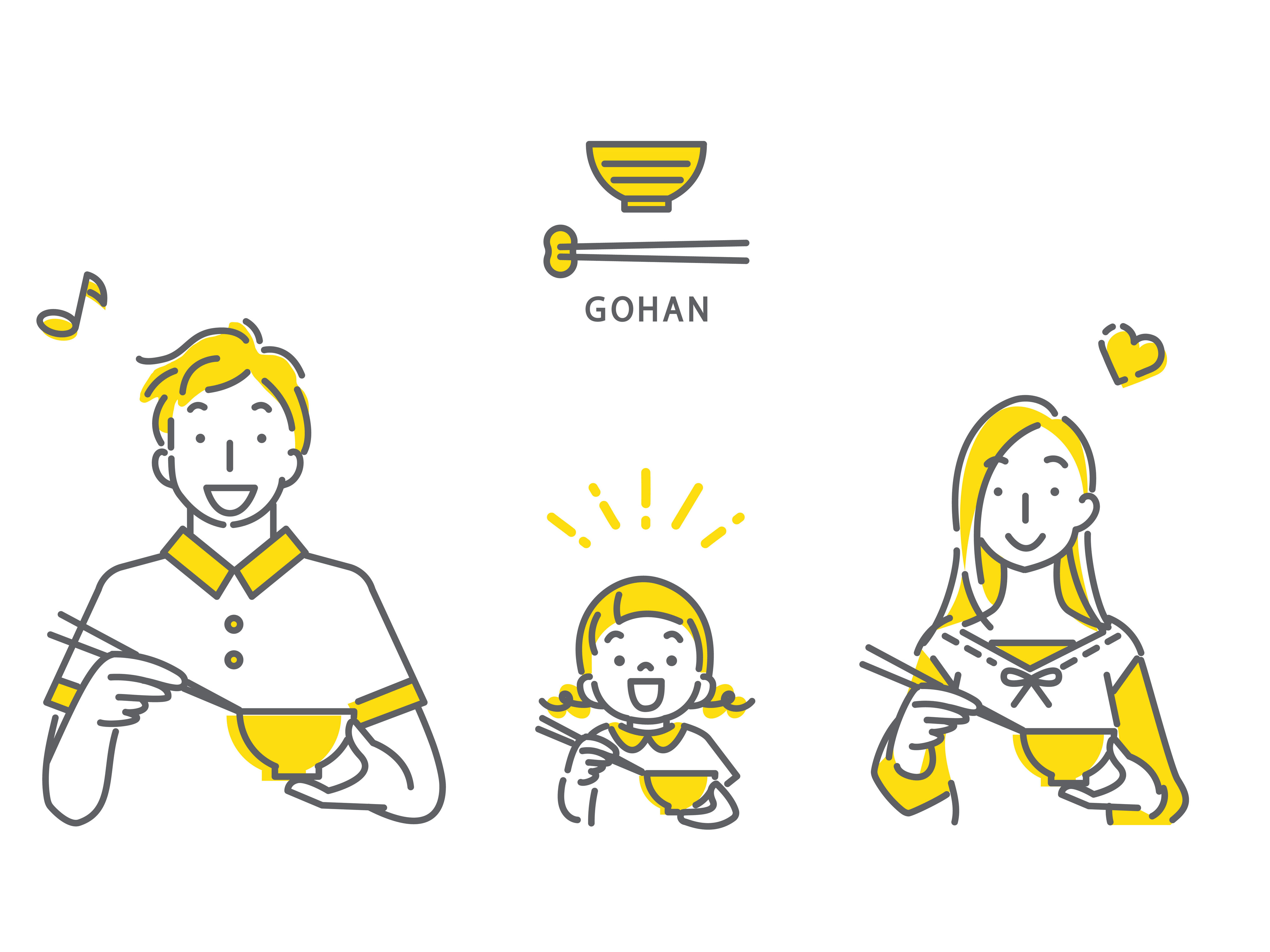 食事を楽しむ家族（二色）　シンプルでお洒落な線画イラスト　和食　箸