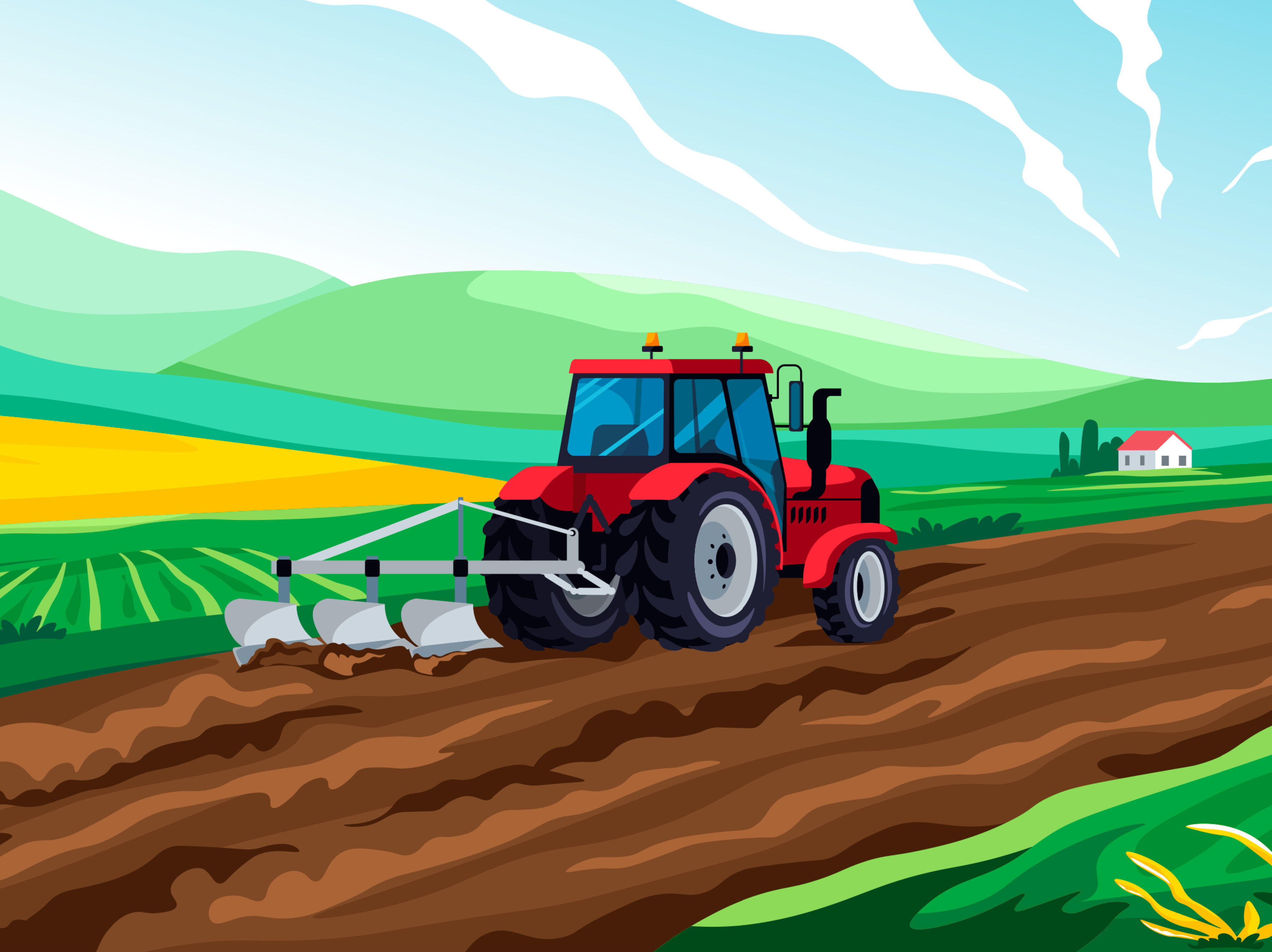 Tractor field landscape. Agricultural work farming tractors rural ranch cartoon background countryside harvest scene, farmer cultivated arable farmland recent vector illustration